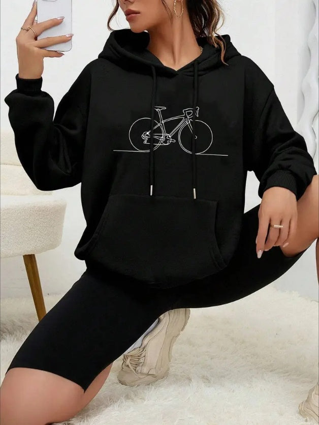 Women's Casual Long Sleeve Hooded Drawstring Sweatshirt With Bicycle Print, Sportswear For Fall & Winter, Outdoor Wear